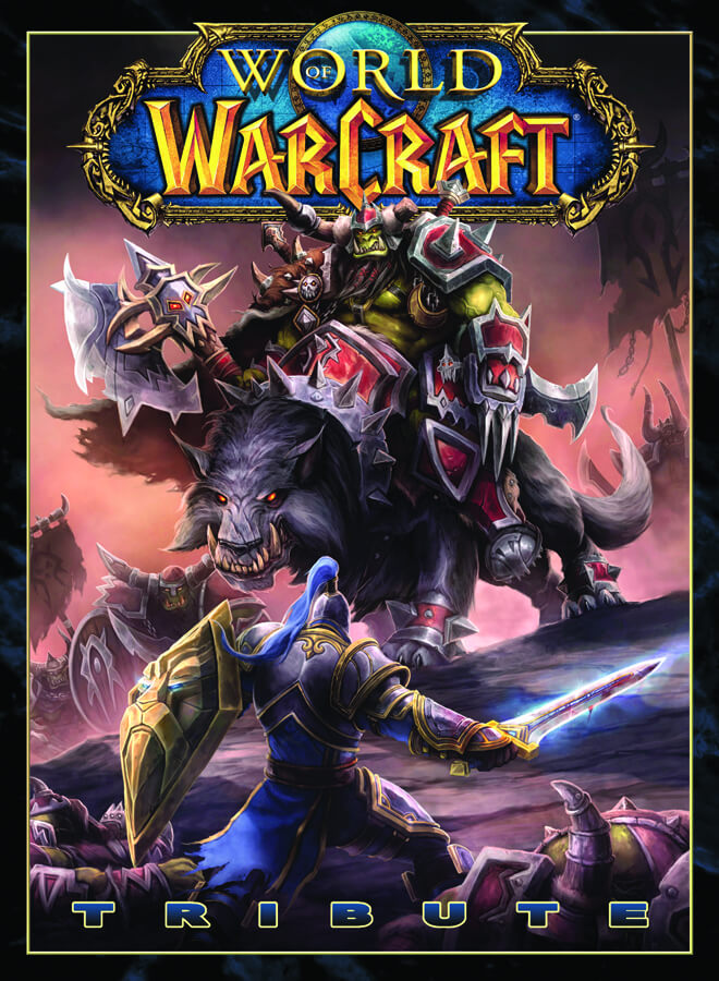 World of Warcraft Tribute poster featuring a fantasy battle scene with a warrior in blue and gold armor holding a glowing sword, a large dark wolf-like creature, and armored mounts under the World of Warcraft logo.