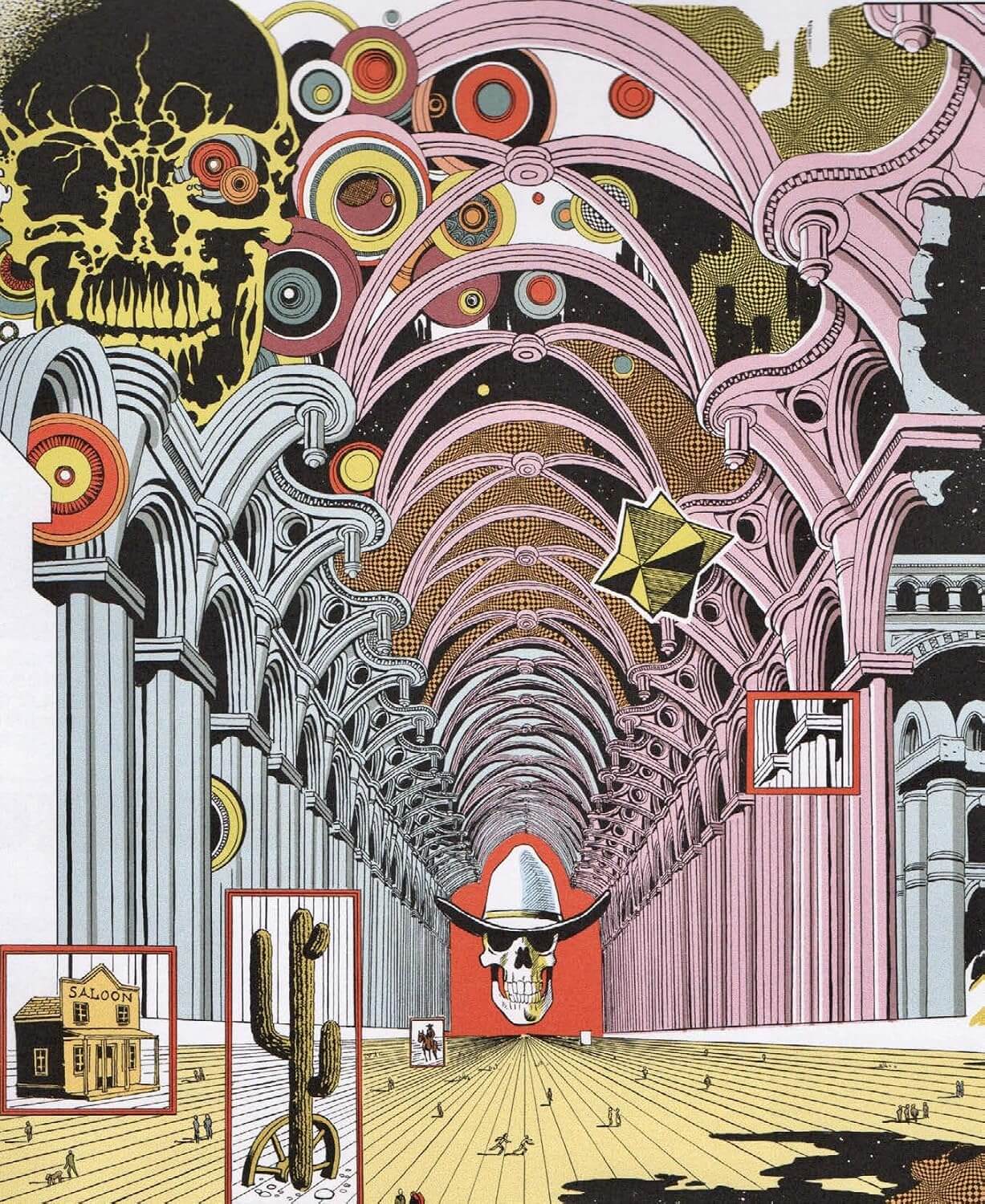A surreal architectural artwork showing a long tunnel or cathedral-like hall with pink and gray arches, circular target motifs, a large skull in the upper left, a red skull figure at the tunnel end, a cactus, a small house, and several red-outlined boxes highlighting details.