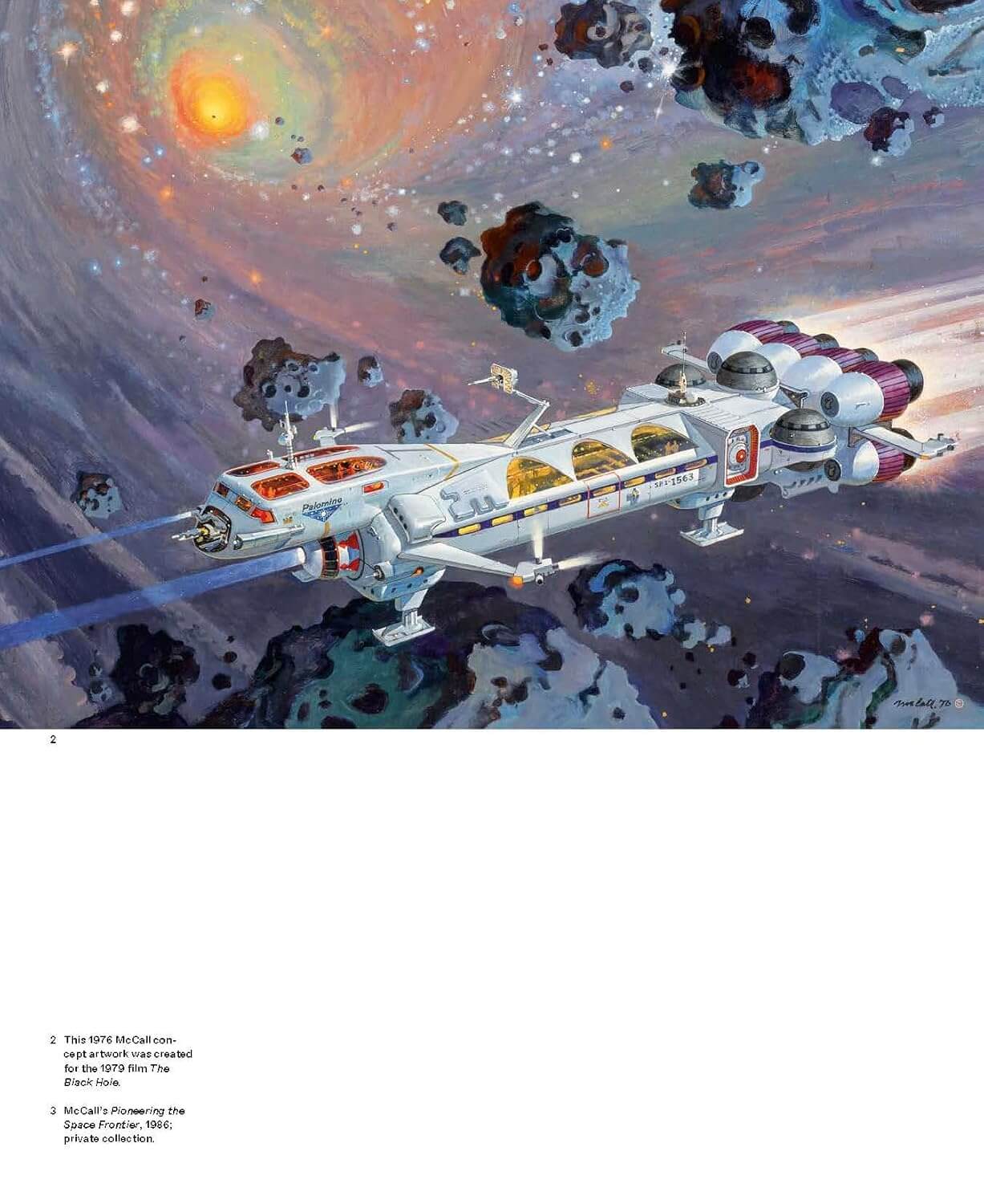 A space-themed illustration showing a futuristic spacecraft flying through a nebula with asteroids and planets, with a large white margin below containing small text notes.