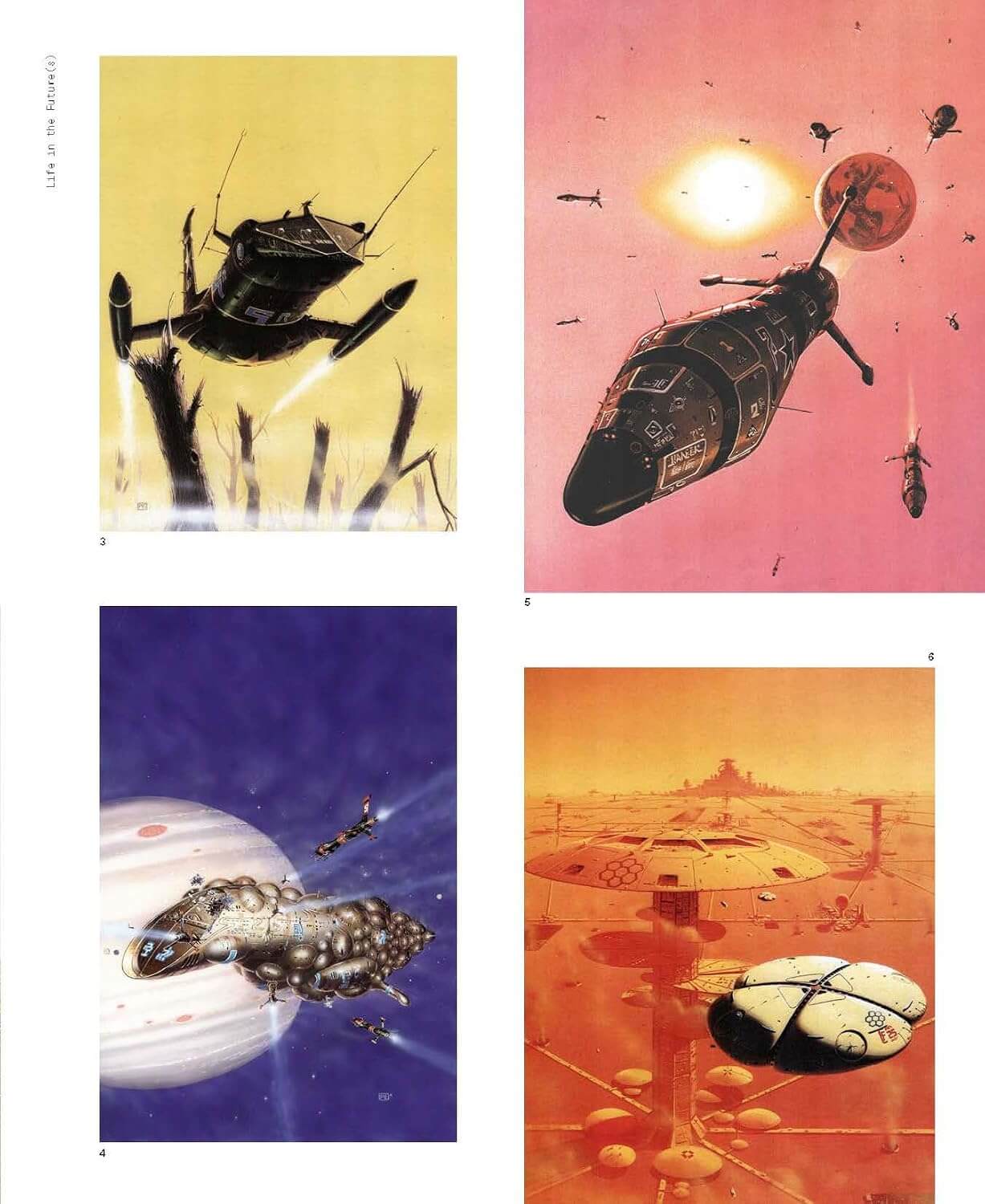 Four vintage-style space-themed illustrations with spacecraft and planets.