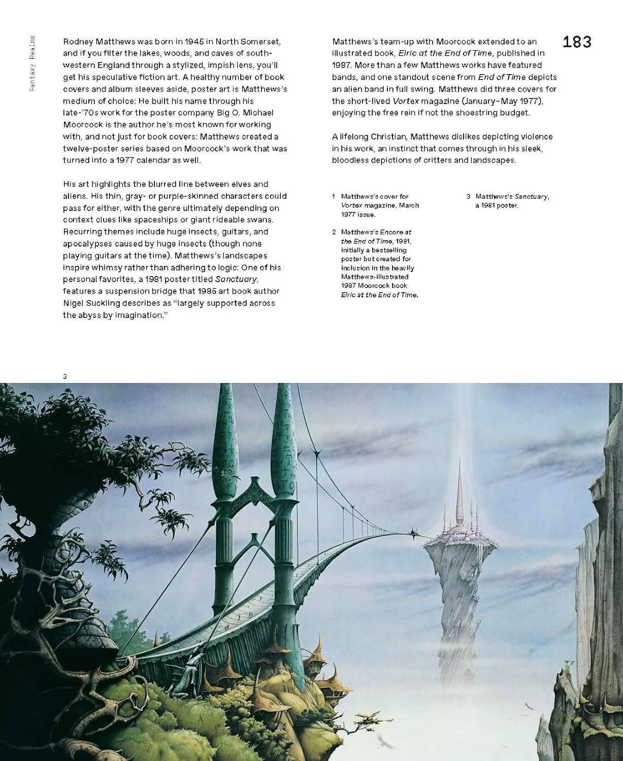 Illustration of a fantasy landscape with towering structures and lush greenery, featuring text on a white background.