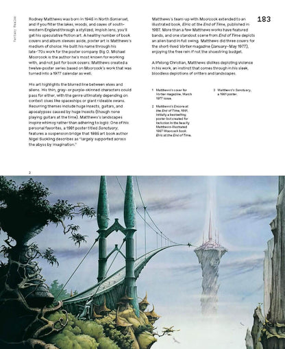 Illustration of a fantasy landscape with towering structures and lush greenery, featuring text on a white background.