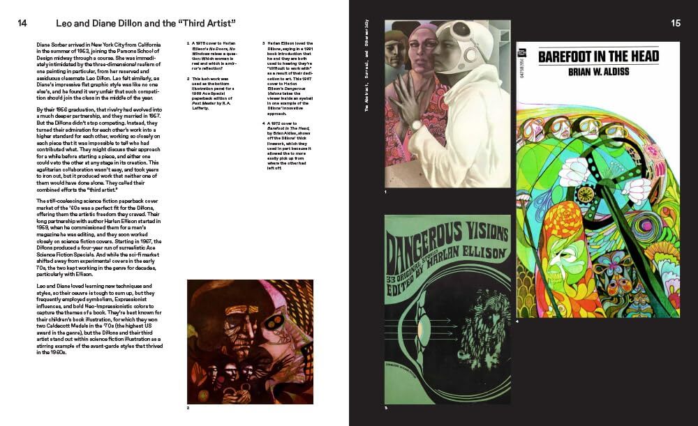 A two-page spread from a printed book or magazine featuring text, small black-and-white and color portraits, and a vivid psychedelic cover illustration with the title 'Barefoot in the Head' and 'Brian W. Allob.