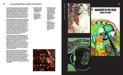 A two-page spread from a printed book or magazine featuring text, small black-and-white and color portraits, and a vivid psychedelic cover illustration with the title 'Barefoot in the Head' and 'Brian W. Allob.