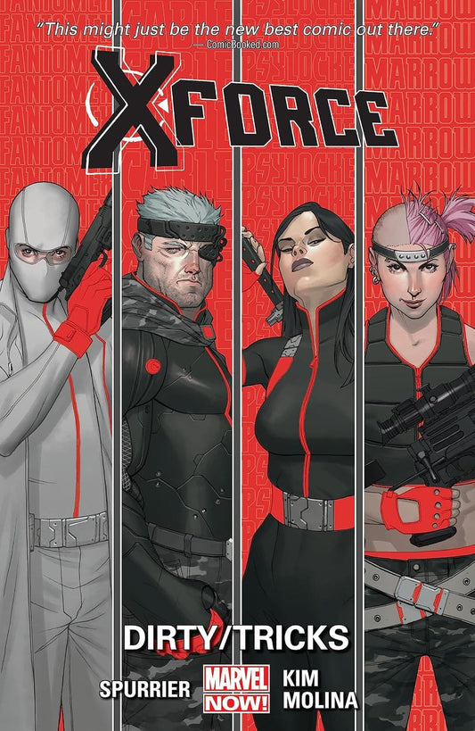 Comic book cover for X-Force: Dirty Tricks, featuring four illustrated characters in black and red outfits against a red striped background, with Marvel Now branding at the bottom.
