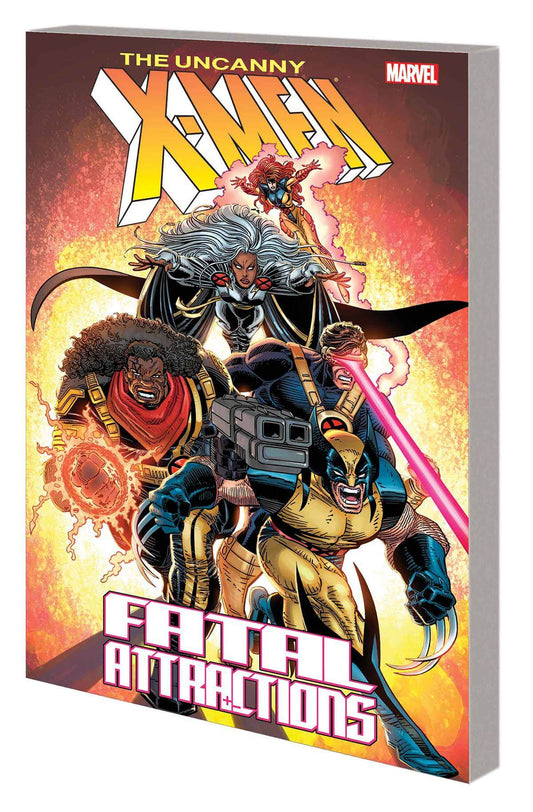 The Uncanny X-Men: Fatal Attractions hardcover comic book, featuring a dynamic cover illustration of Marvel's X-Men characters against a fiery orange and yellow background.