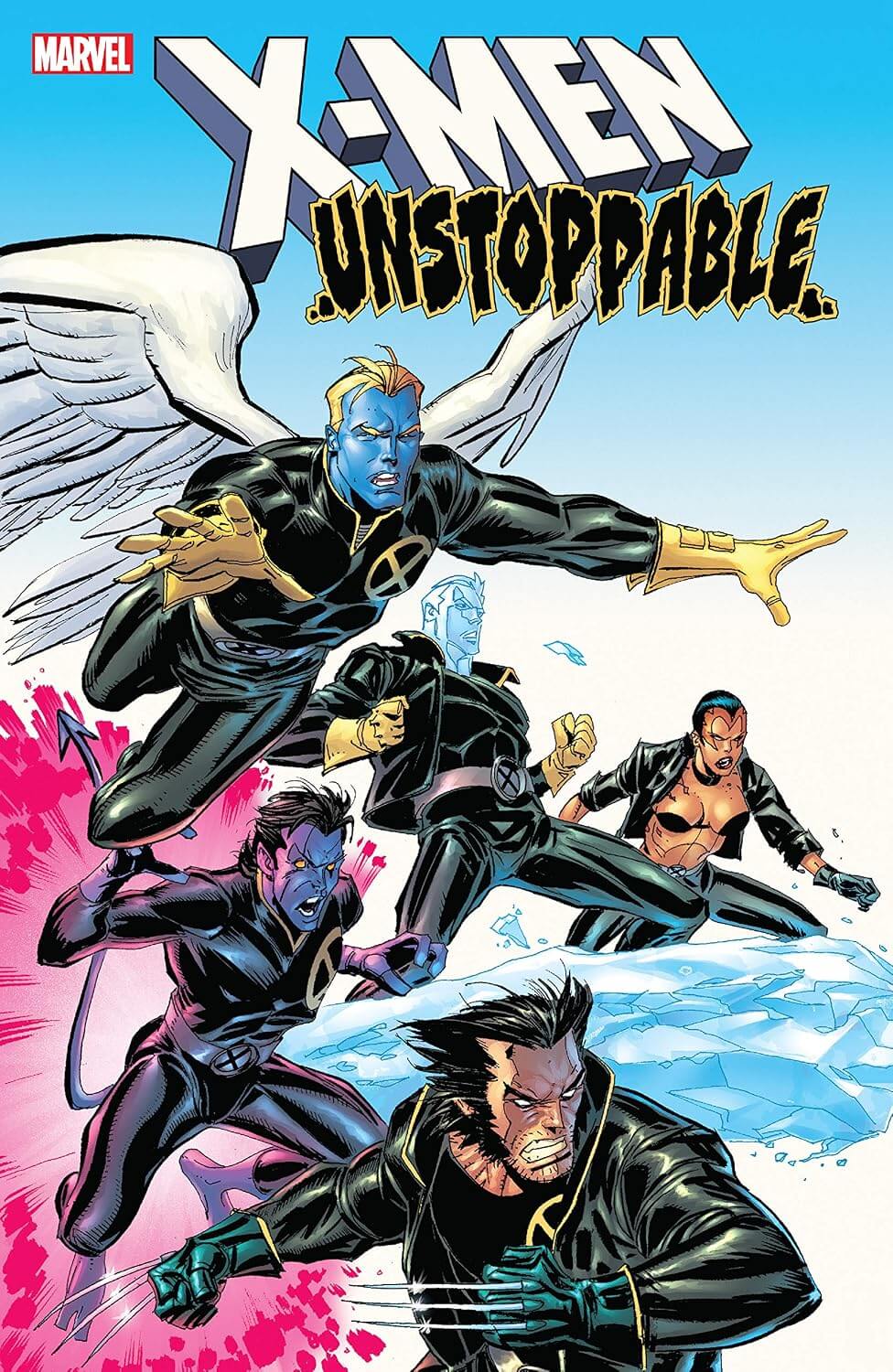 Marvel X-Men Unstoppable graphic novel cover featuring multiple superheroes in action poses against a bright blue and white background, with the title text at the top.