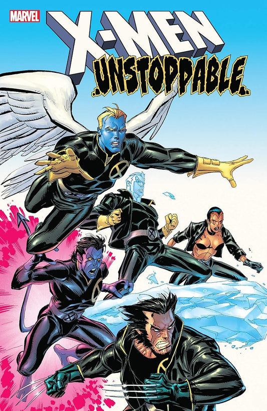 Marvel X-Men Unstoppable graphic novel cover featuring multiple superheroes in action poses against a bright blue and white background, with the title text at the top.