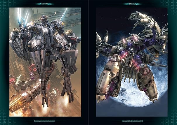 Two images of robot characters from a science fiction setting, one on a fiery background and the other on a snowy background.