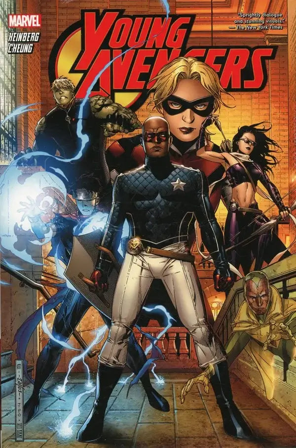Young Avengers comic book cover featuring multiple superheroes in action poses, including a central figure in a blue and white suit with a star emblem, surrounded by blue energy effects and other characters against a warm orange-toned background.