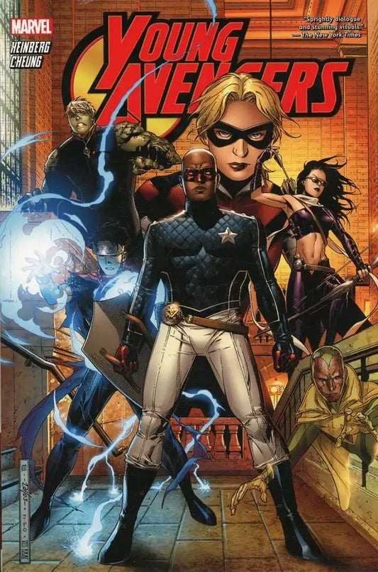 Young Avengers comic book cover featuring multiple superheroes in action poses, including a central figure in a blue and white suit with a star emblem, surrounded by blue energy effects and other characters against a warm orange-toned background.
