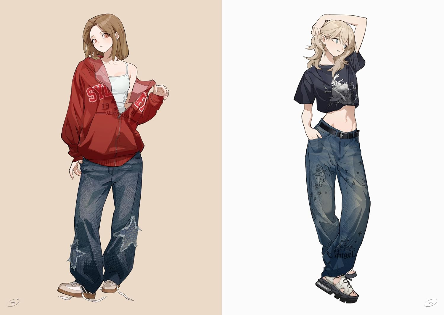 Two animated characters wearing casual outfits with jeans and jackets on a beige and white background.