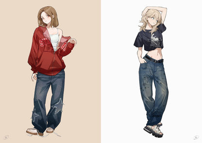 Two animated characters wearing casual outfits with jeans and jackets on a beige and white background.