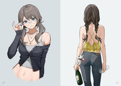 Two illustrated characters, one with a jacket and the other with a yellow top and jeans, holding a bottle.