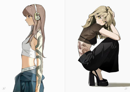 Two animated characters side by side, one with long hair and headphones, the other with a tattooed arm and high heels.