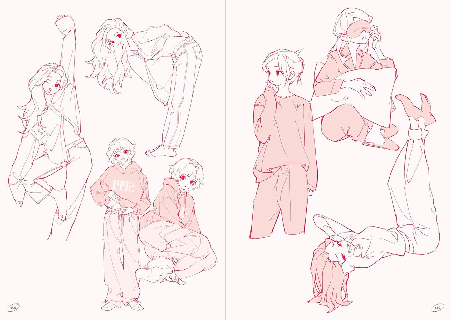 Illustrations of a character in various poses with a pink outline on a white background