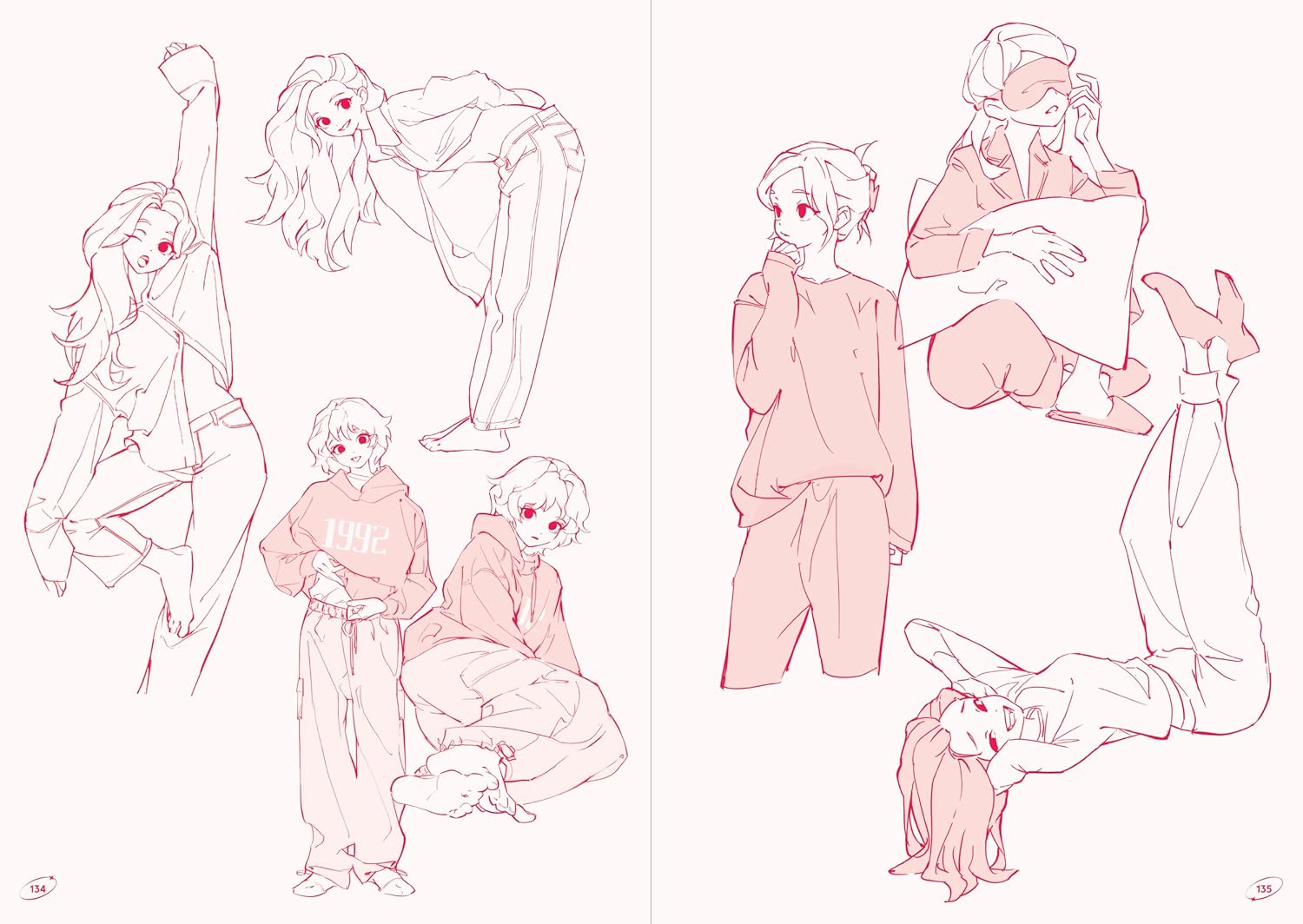 Illustrations of a character in various poses with a pink outline on a white background