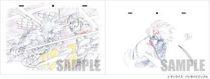 Two original animation production drawings (genga/douga) from the anime  in a battle scene, printed on white sheets with sample watermarks.