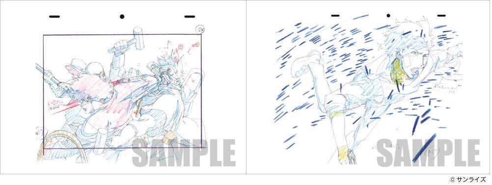 Two original anime production sketches (genga) on a white sheet, featuring character designs from a fantasy battle scene with a pink-haired character and a blonde warrior. The sheet includes a 'SAMPLE' watermark and a copyright notice for 'サンライズ' (Sunrise) in the bottom right corner.