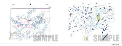 Two original anime production sketches (genga) on a white sheet, featuring character designs from a fantasy battle scene with a pink-haired character and a blonde warrior. The sheet includes a 'SAMPLE' watermark and a copyright notice for 'サンライズ' (Sunrise) in the bottom right corner.