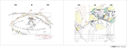 Two open catalog or animation production booklets showing hand-drawn concept sketches and production notes, likely related to an anime character design or concept art process.