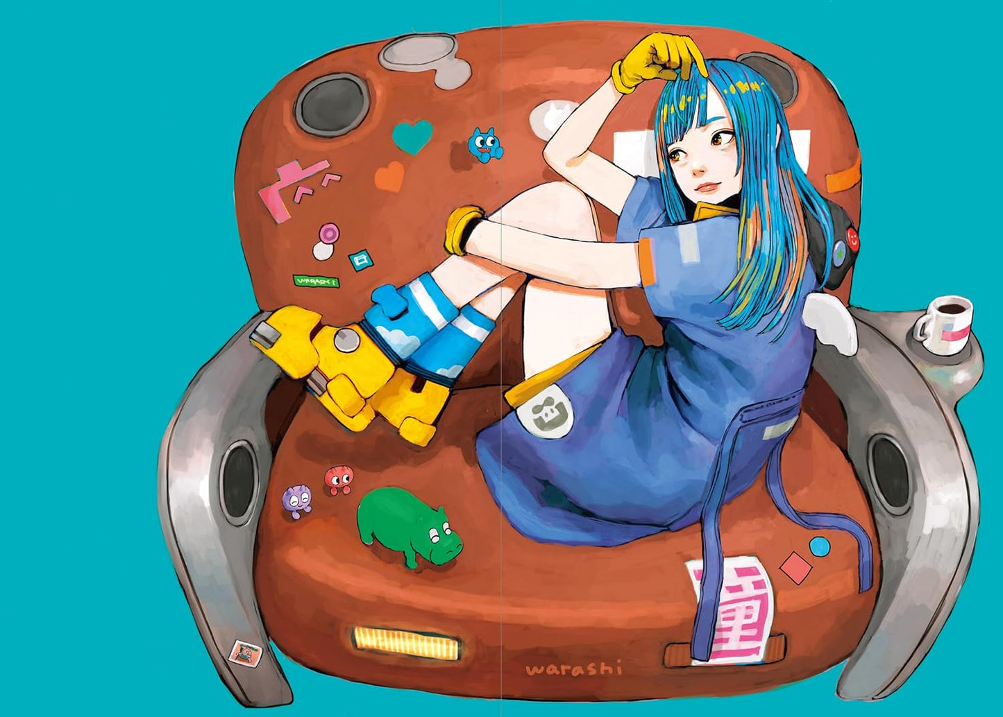 Illustration of a character with blue hair and a robot sitting on a brown chair with various small objects around.