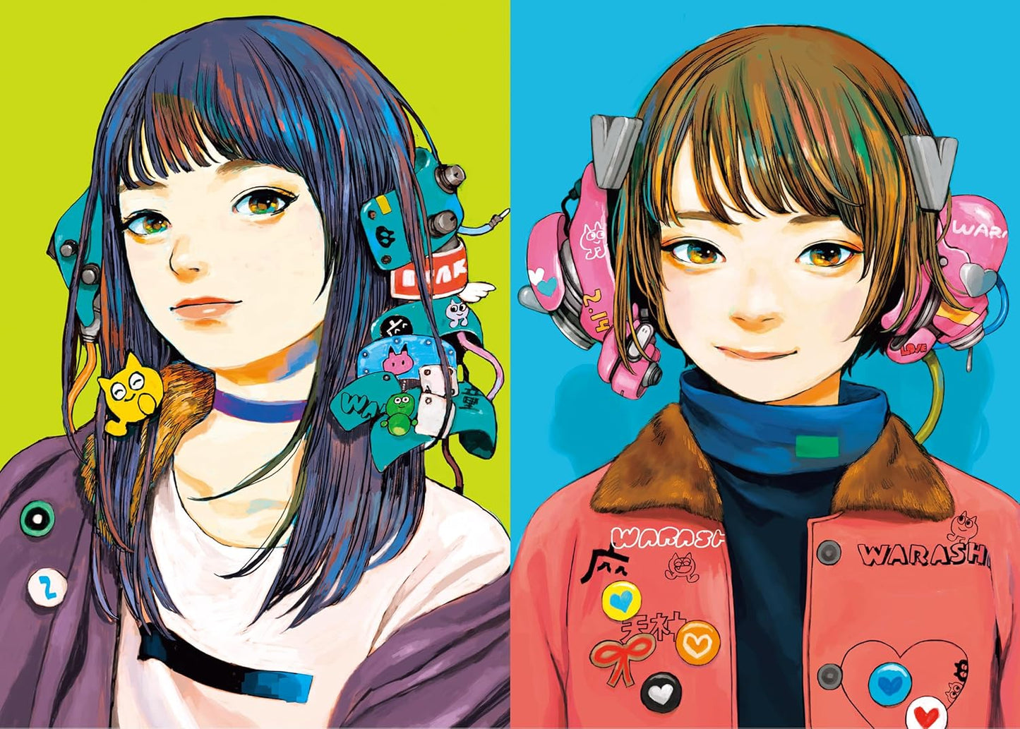 Two animated characters with colorful hair and accessories on a split background.