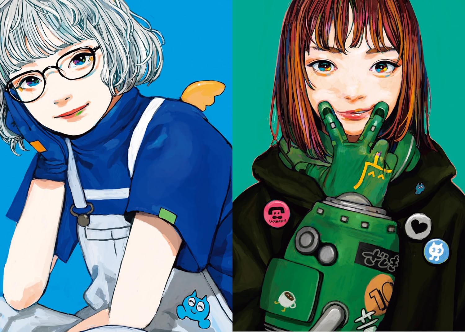 Two animated characters with colorful backgrounds