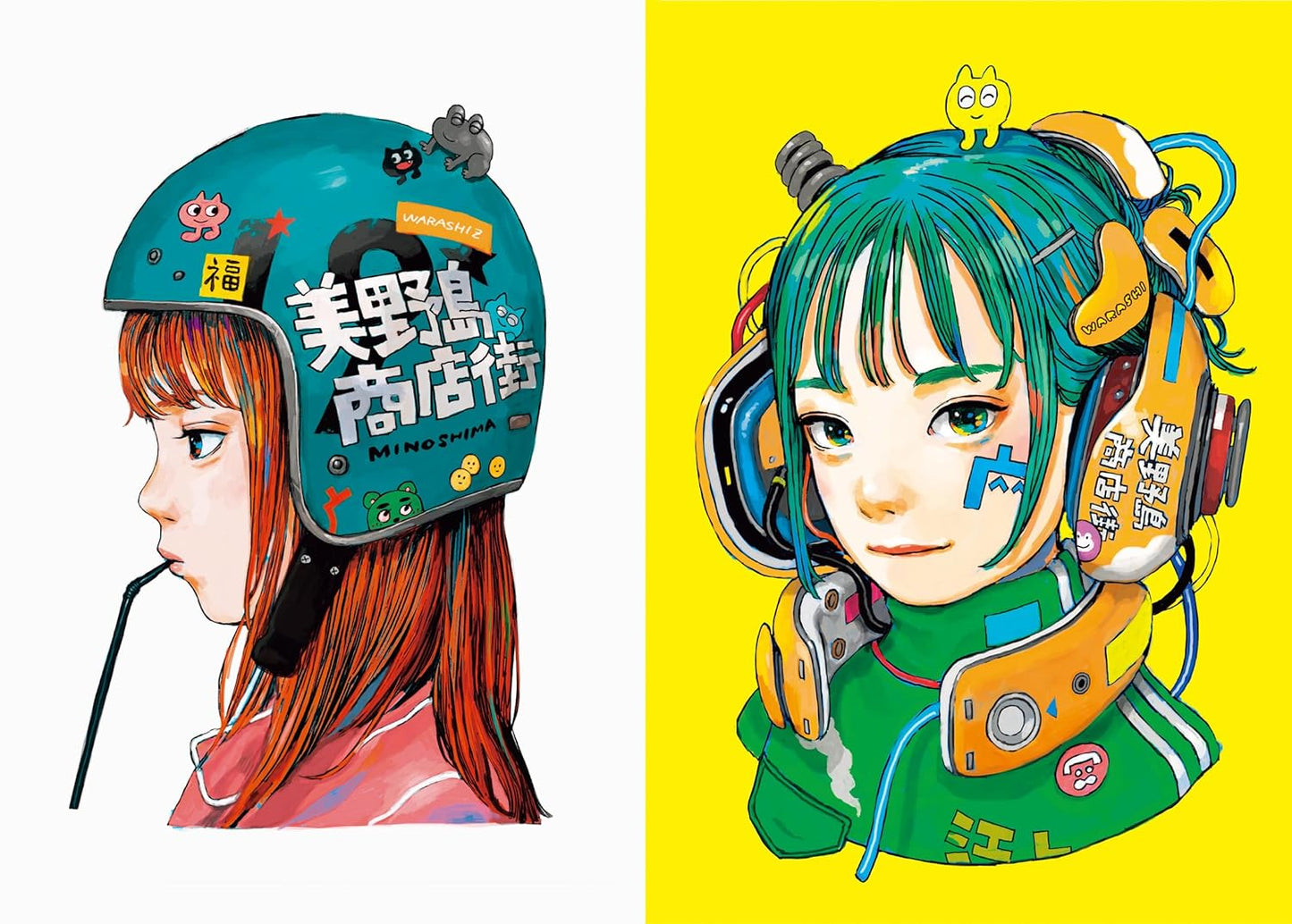 Two illustrations of characters wearing futuristic helmets with various designs and text.