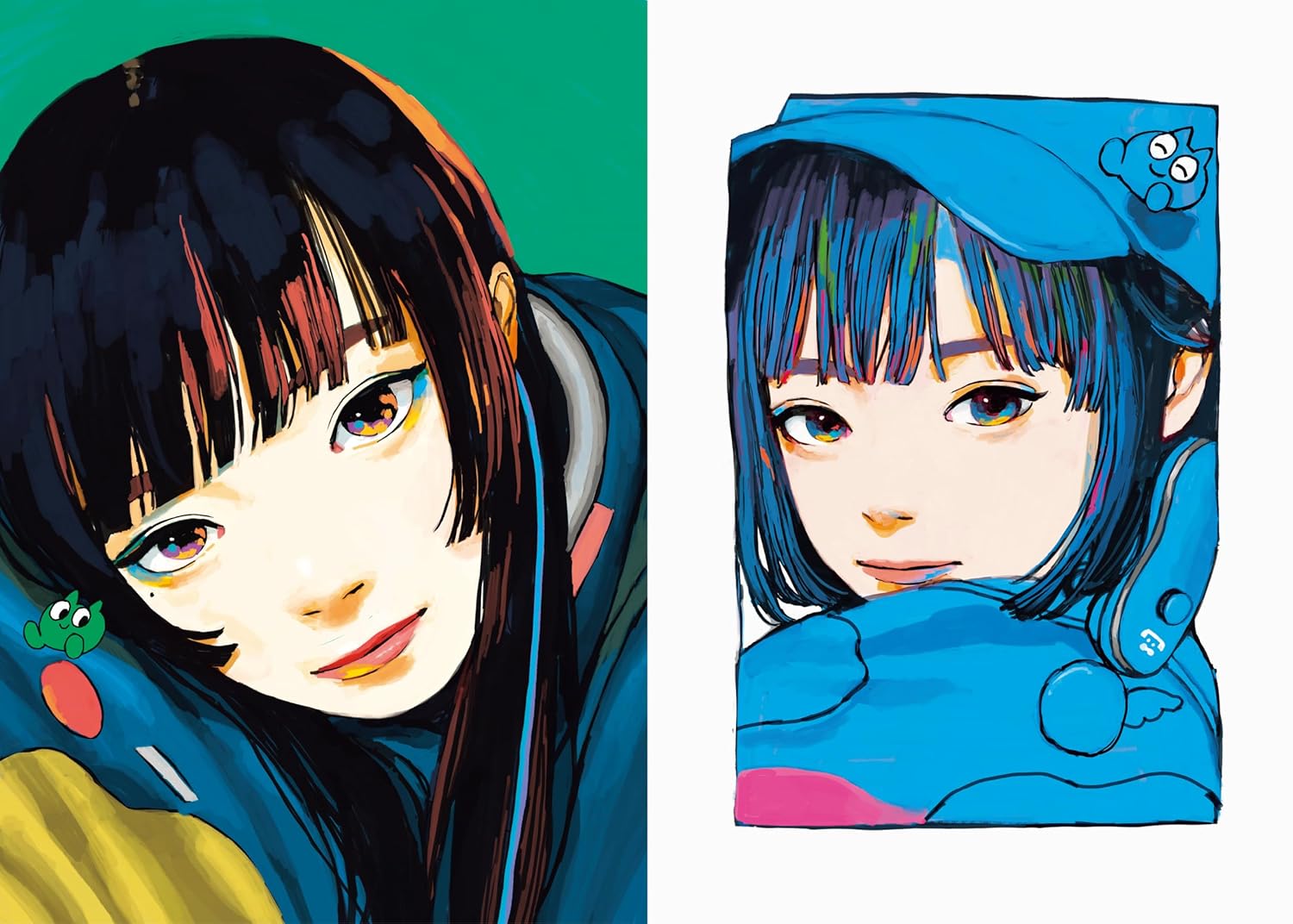 Two anime-style character illustrations with colorful backgrounds