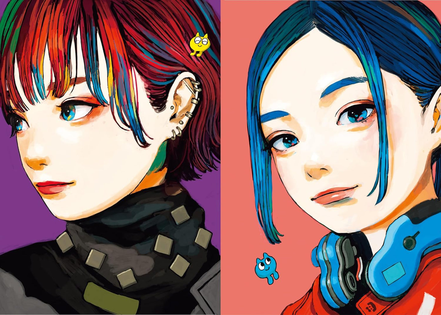 Two animated characters with colorful hairstyles on a split background.