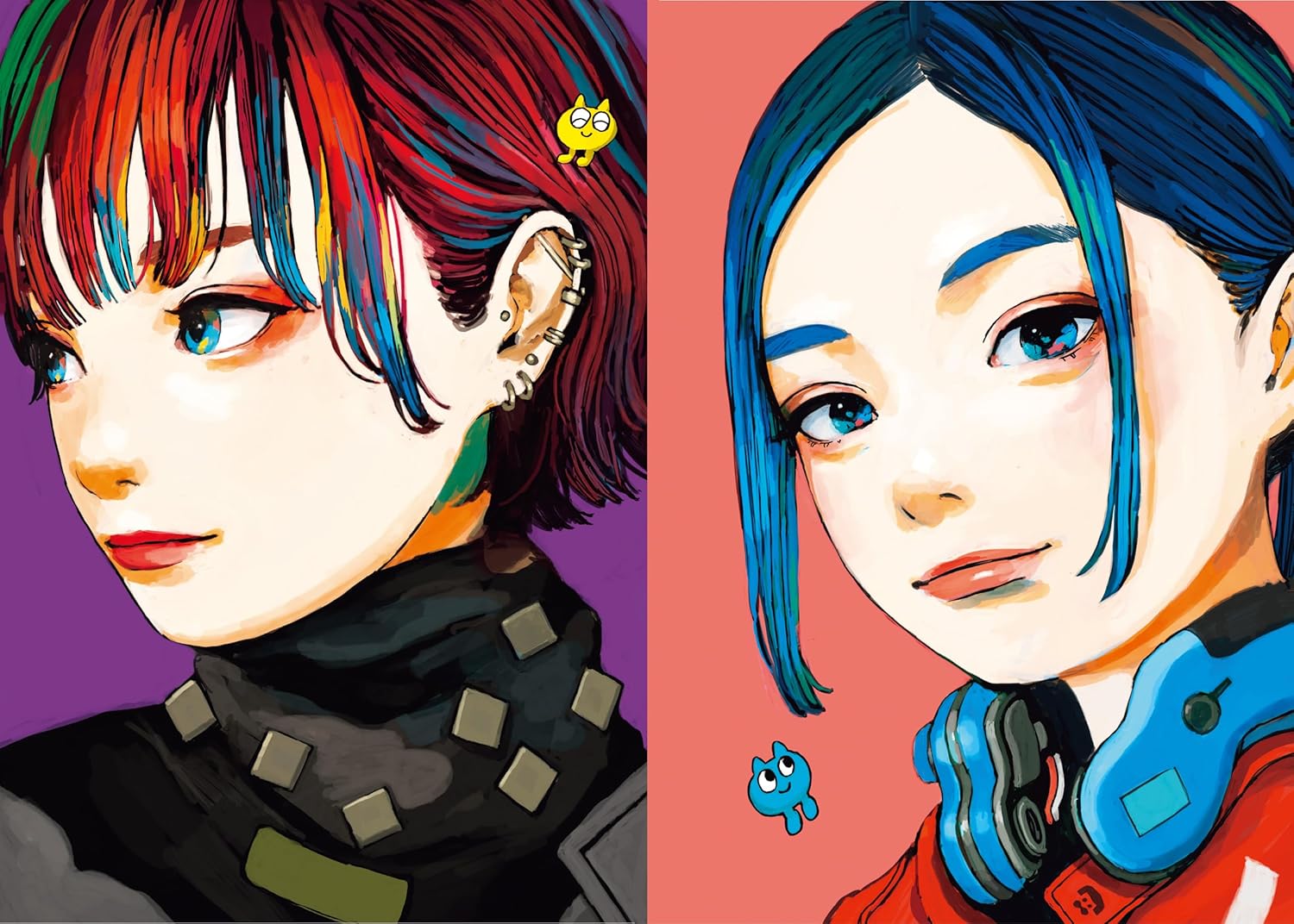Two animated characters with colorful hairstyles on a split background.