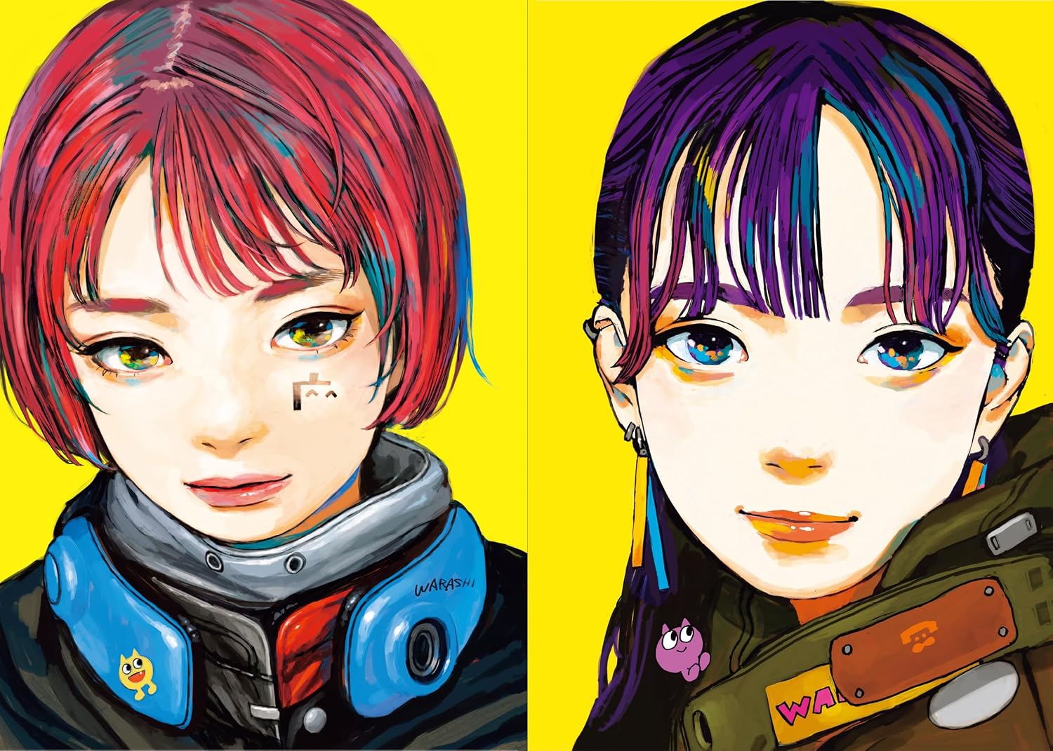Two animated characters with colorful hairstyles on a yellow background