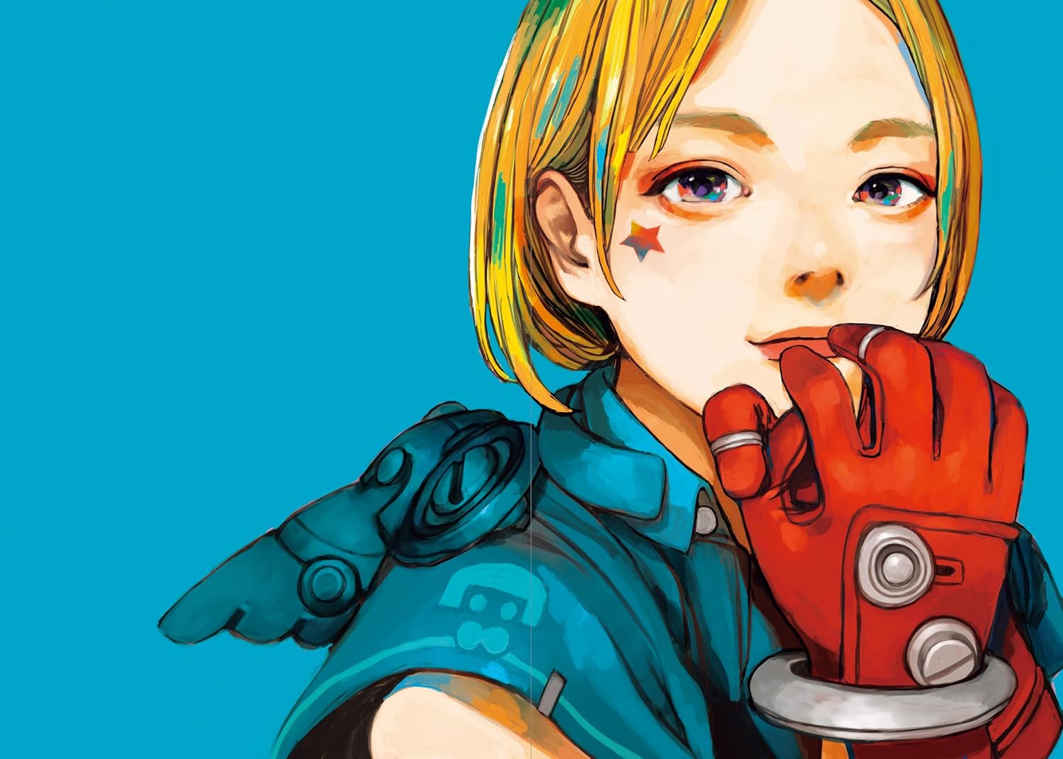 Illustration of a character with futuristic gloves against a blue background
