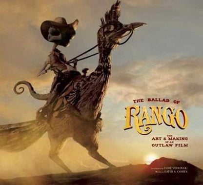 Cover of the book 'The Ballad of Rango: The Art & Making of an Outlaw Film' featuring an illustration of a character on a whimsical bird-like creature against a desert backdrop.