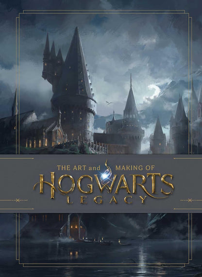 Cover of 'The Art and Making of Hogwarts Legacy' book featuring a dark, moody illustration of Hogwarts Castle with a cloudy sky in the background.