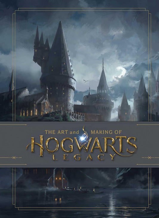 Cover of 'The Art and Making of Hogwarts Legacy' book featuring a dark, moody illustration of Hogwarts Castle with a cloudy sky in the background.