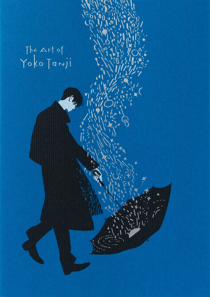 Cover of 'The Art of Yoko Tanji' book featuring a black and white illustration of a person with a umbrella, with Japanese text, music notes, and a blue background.