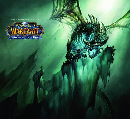 Cover art for 'The Cinematic Art of World of Warcraft: Wrath of the Lich King' featuring a stylized illustration of a dark, fantastical creature resembling a dragon or a similar mythical beast, set against a misty, mountainous background.