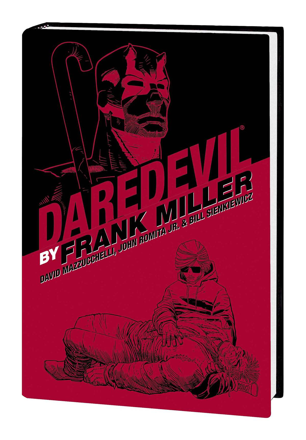 Cover of the graphic novel 'Daredevil by Frank Miller Omnibus Companion HC' featuring a stylized illustration of the character Daredevil in a dynamic pose with a red backdrop.
