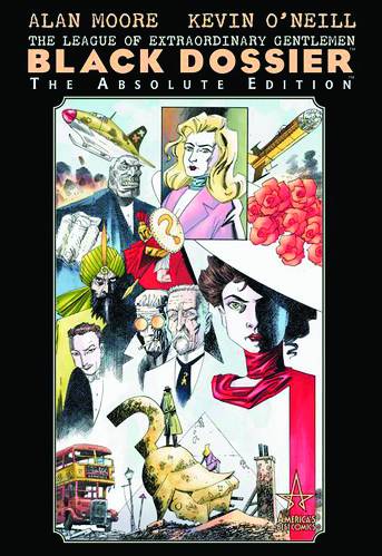 Cover of 'The Absolute LoEG: The Black Dossier' edition, featuring a collage of various characters and a submarine.