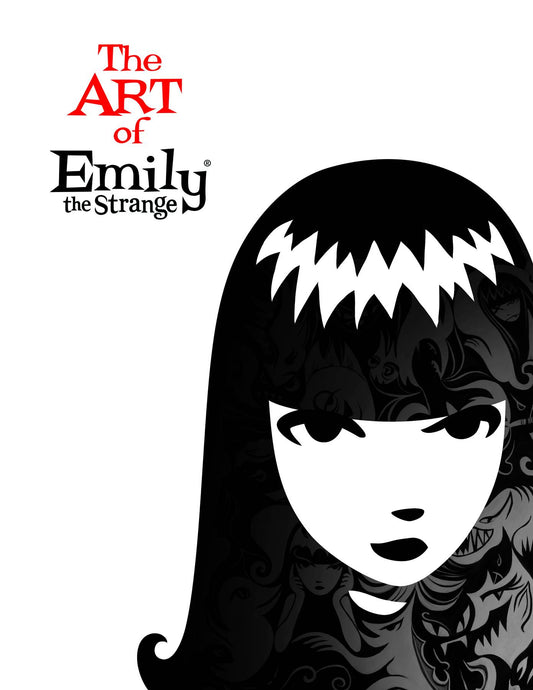 Cover of 'The Art of Emily the Strange' book featuring a stylized illustration of a female character with a dark aura and intricate details in the background.