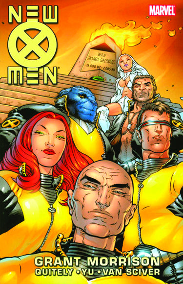 Cover of the graphic novel 'New X-Men by Grant Morrison GN TP Book 01' featuring a group of X-Men characters, with artwork by Frank Quitely.