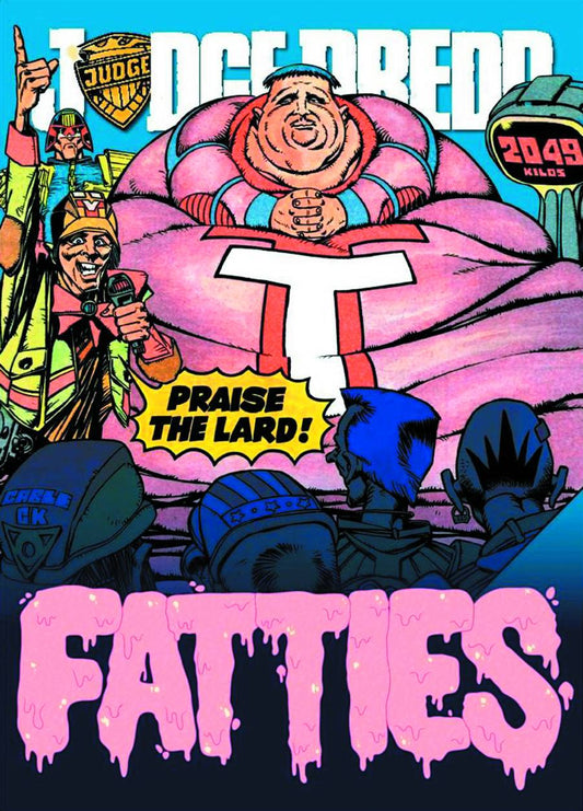 Cover of a Judge Dredd graphic novel titled 'Fatties', featuring a colorful illustration of characters engaging in an eating contest.