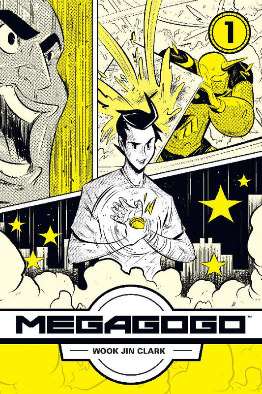 Cover of the graphic novel 'MEGAGOGO GN VOL 01' featuring a cartoon illustration of a character with electricity powers, with a cityscape background.