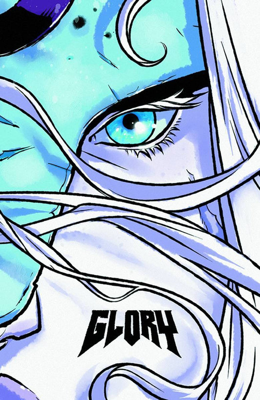 Cover of the graphic novel 'GLORY COMPLETE SAGA HC' featuring a character with blue eyes and a sword, against a blue-toned background.