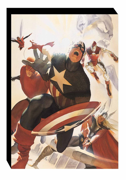 Cover of a slipcased hardcover book featuring an illustrated depiction of Captain America, Iron Man, and other Avengers characters in a dynamic pose with a background of a battle scene.