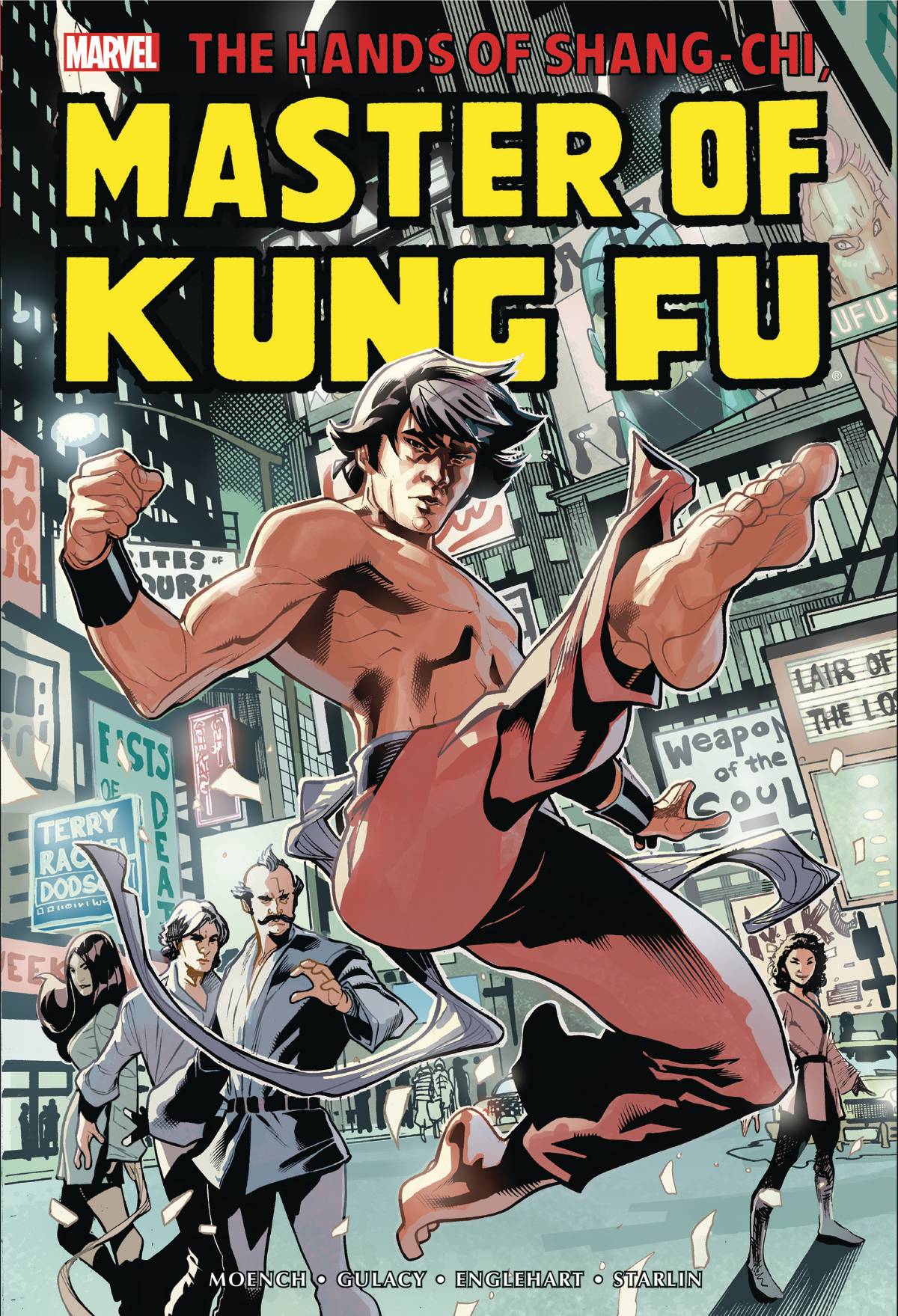 Cover of 'SHANG-CHI MASTER KUNG FU OMNIBUS HC VOL 01' featuring a comic book illustration of the character Shang-Chi in a fighting stance with the title text and a cityscape background.