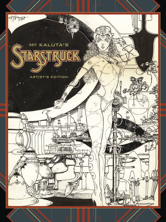 Cover of 'M. Kaluta's Starstruck Artist Edition' featuring a black and white illustration of a female figure with a space-themed backdrop, highlighting the artist's signature.