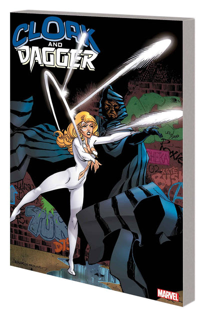 Cover of the graphic novel 'Cloak and Dagger TP: Shadows and Light' featuring the characters Cloak and Dagger in dynamic poses against a graffiti-filled background.